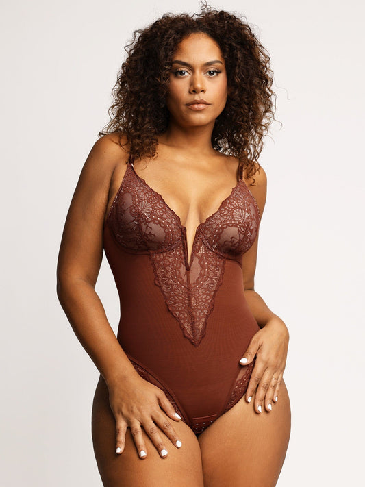 Lace Deep-V Neck Bodysuits Or Leather   Skirt